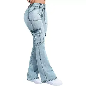 Double Button Multi-Pocket Mid-Waist Flared Cargo Jeans   bootcutjeans