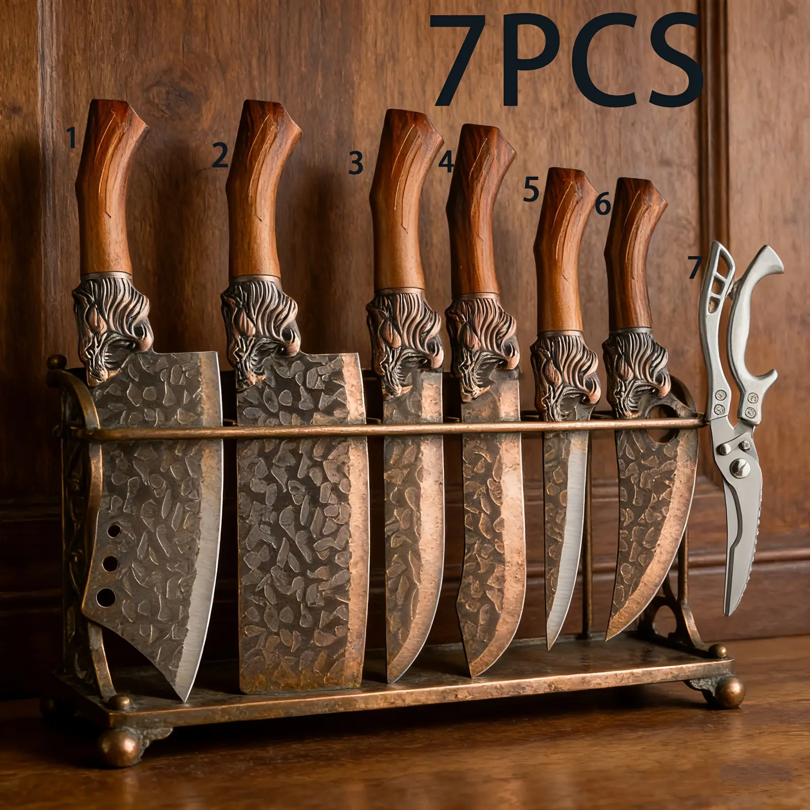 · FIVE COWS ·7-Piece Hand-Forged Kitchen Knife Set: Includes Meat Cleaver, Boning Knife, and Household Kitchen Shears—Sharp and Easy to Slice; Multifunctional Kitchenware Suitable for Outdoor Camping, BBQ, and Picnics.
