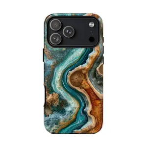 Turquoise Marble Liquid Faux Wood Phone Case: iPhone 17 17e 16 15 14 13 12 Pro Max Air | Galaxy S26 | MagSafe Wireless Charging