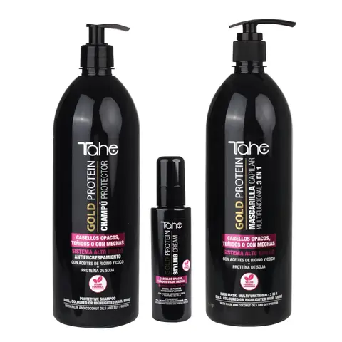 Tahe Gold Protein For Colored Hair Kit - Shampoo 1000ml, Mask 1000ml, Styling Cream 100ml - Color Protection & Shine