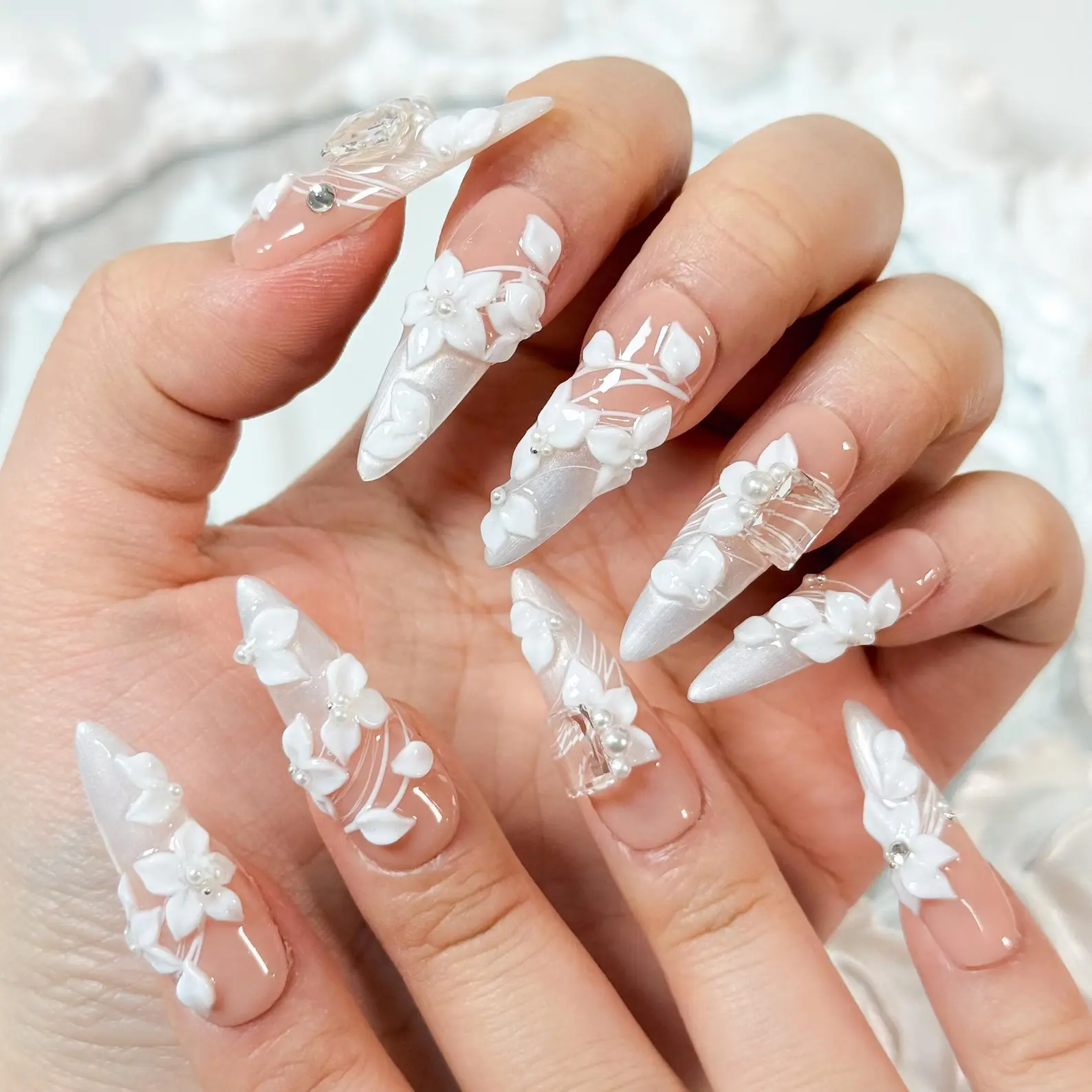 Bridal 3D White Floral Press On Nails: Handmade Pearl Rhinestone Wedding nails