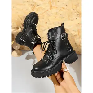 Elegant Women's Platform Combat Boots, Slip-Resistant Side Zipper Lace-Up Short Booties, Perfect for Daily Wear & Outdoor Adventures