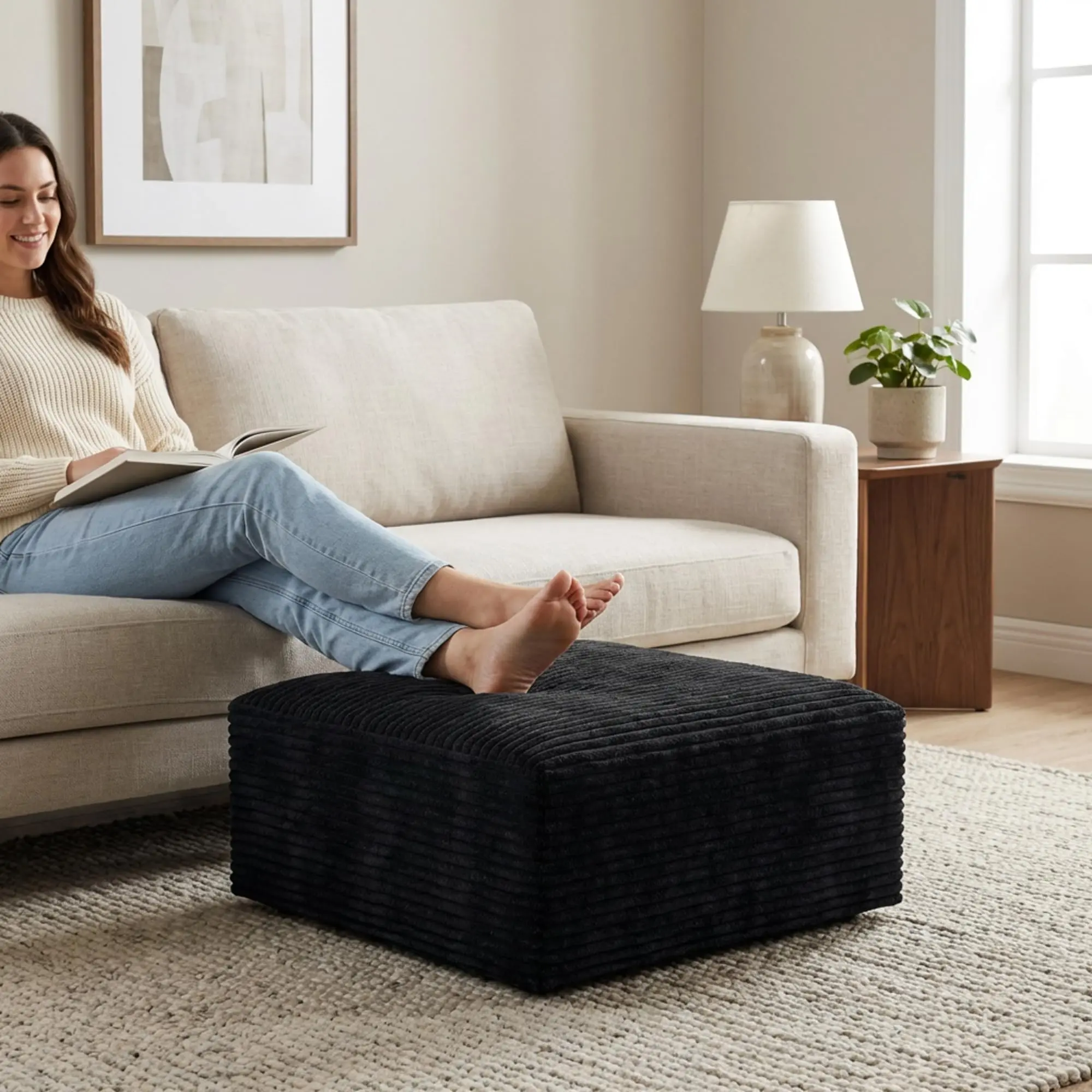 Large Size Corduroy Ottoman - Oversized Square Frame-Free Foam Stool, Plush Upholstered Low-Profile Footrest with Supportive Cushioning, Clean Design Indoor Furniture for Living Room Sectional/Modular Sofa - Black
