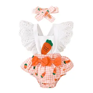 Infant Baby Girl Easter Outfit Bunny Carrot Embroidered Smocked Bubble Romper Lace Ruffle Sleeveless Bodysuit