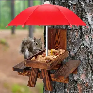 Reclaimed Wood Squirrel Feeder with Umbrella, Durable Outdoor Wild Bird Table Corn Stick Holder, Garden & Yard Wildlife Feeding