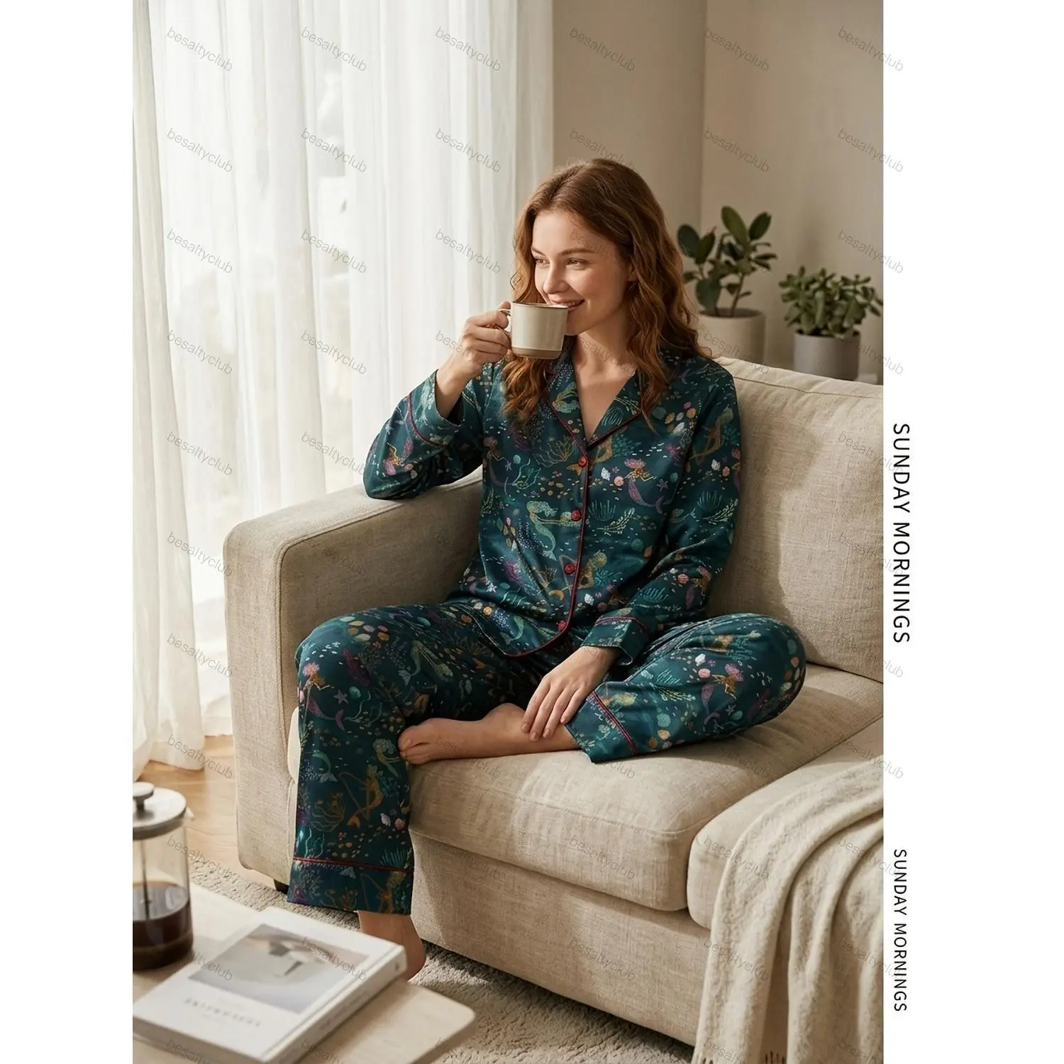 2pcs Luxury Satin Loungewear Set for Women, Undersea Mermaid & Coral Reef Print, Cozy Long-Sleeve Button-Up Top and Pants, Vibrant Design, Ultra-Soft Sleepwear, Perfect for Parties, Vacations, All-Season Comfort, Ideal Gift