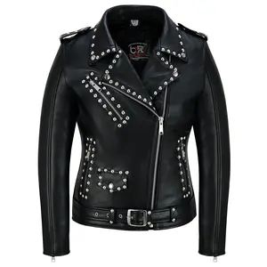 Iron Stud – Women’s Leather Motorcycle Jacket | Studded Brando Biker Jacket | Genuine Cowhide Leather, Asymmetrical Zipper, Heavy-Duty YKK Hardware & Belted Waist Black