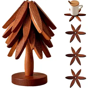 Wooden Cup Coaster Set,Christmas Tree Shape Trivet Set,4 Wooden Trivets and 1 Stand for Hot Pots and Pans Collapsible Heat Resistant Pads for Counter (Sapele)