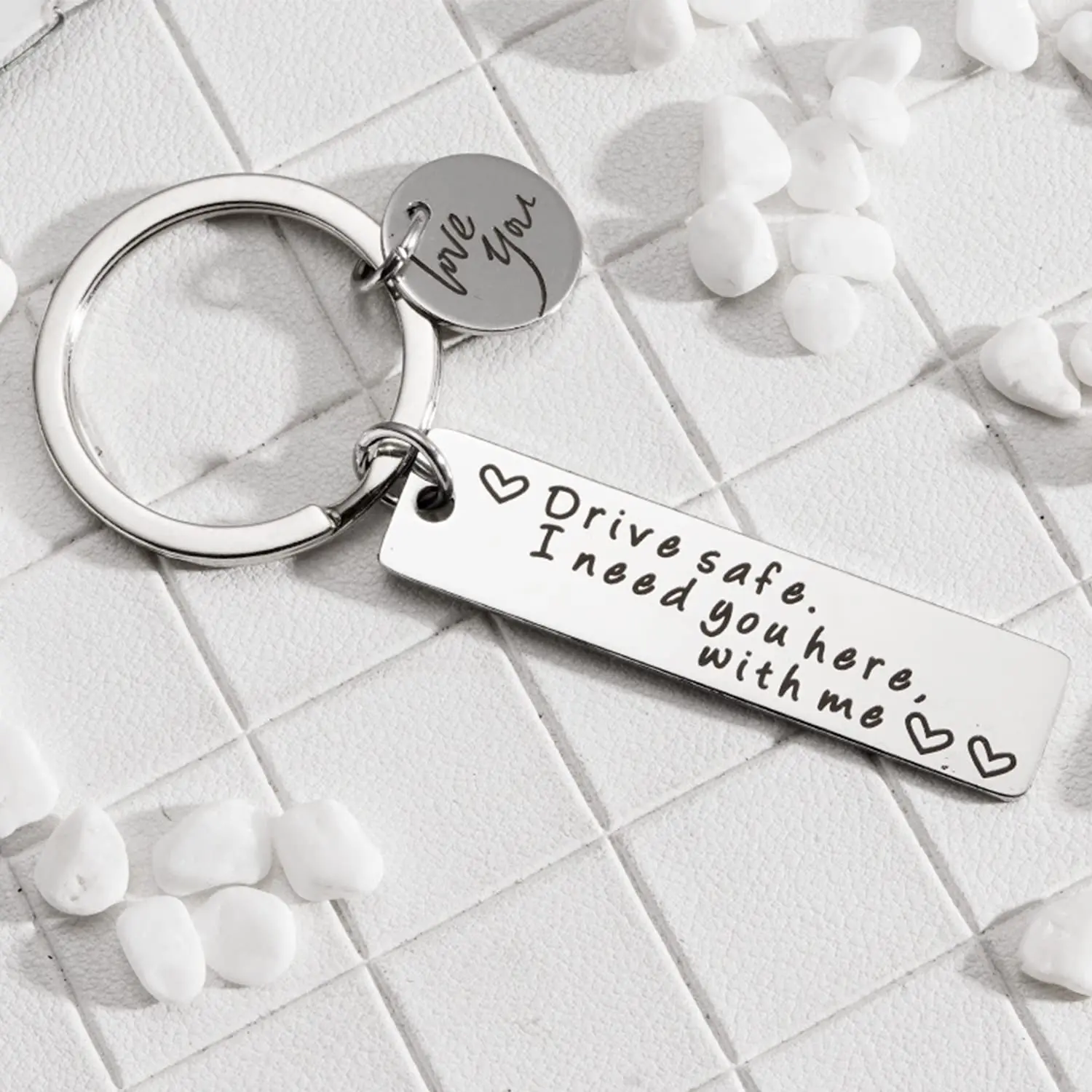 Stainless Steel Keychain Accessory - Rectangle Shaped Body Lettering Keyring, "I Need You Here With Me" Safe Driving EDC Gear Gift for Boyfriend