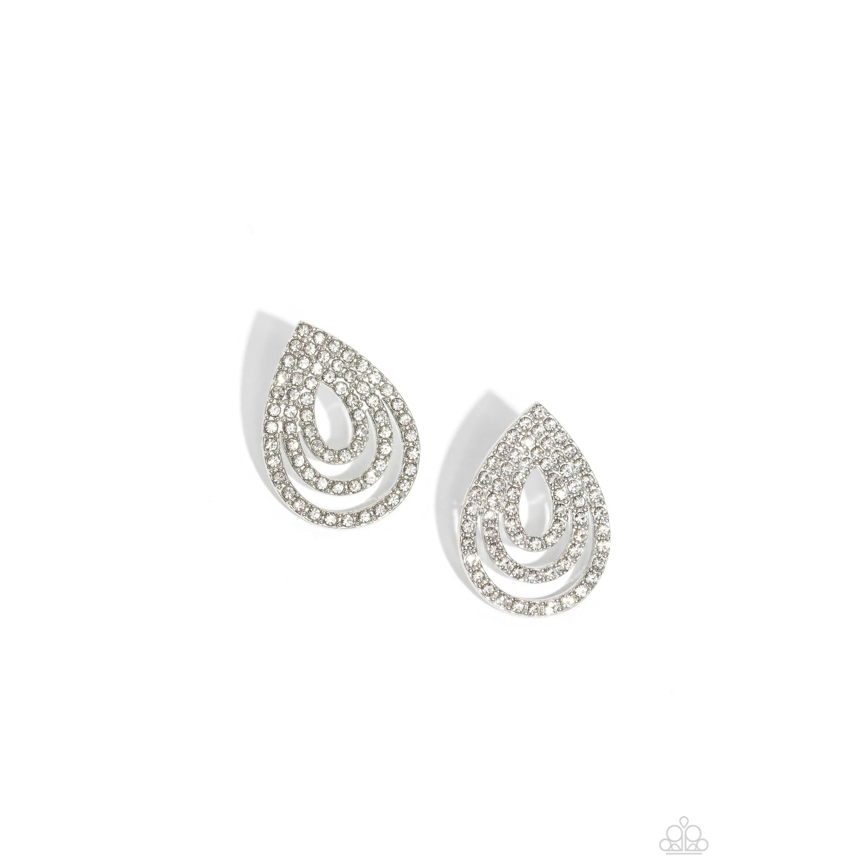 Red Carpet Reverie - White Rhinestone Silver Teardrop Post Earrings - Paparazzi
