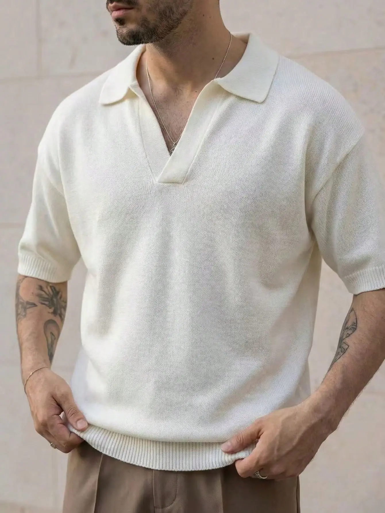 ANDREILEE Men’s Short-Sleeve Blank Acrylic Polo Shirt - Adults, Creamy White, Medium-Length, Casual Loose, Minimal Solid, Korean Retro Versatile Commuting, Relaxed V-Neck, Draped, Breathable Cooling Menswear Top, Do Not Dry Clean, Breathable Polo Shirts,,