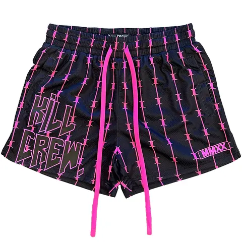 Kill Crew Women's Graphic Barbwire Muay Thai Drawstring Track Shorts - Double Layered Polyester Athletic Wear Shorts with 2 Inch Waist Band, Wax-Tip Drawcord, 2 Side Seam Pockets, Retro Martial Arts Gym Workout Apparel