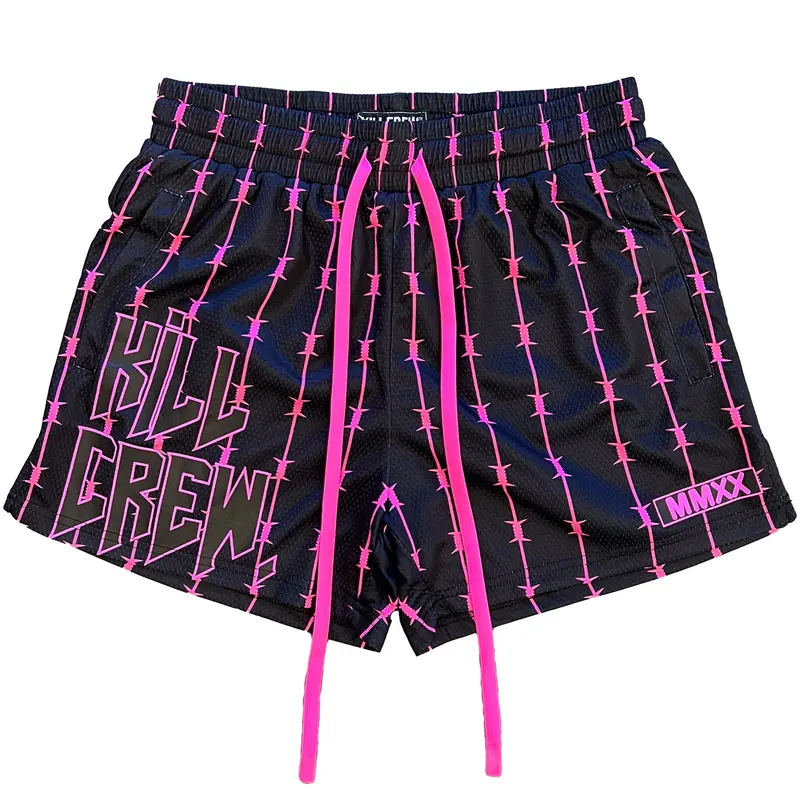 Kill Crew Women's Graphic Barbwire Muay Thai Drawstring Track Shorts - Double Layered Polyester Athletic Wear Shorts with 2 Inch Waist Band, Wax-Tip Drawcord, 2 Side Seam Pockets, Retro Martial Arts Gym Workout Apparel