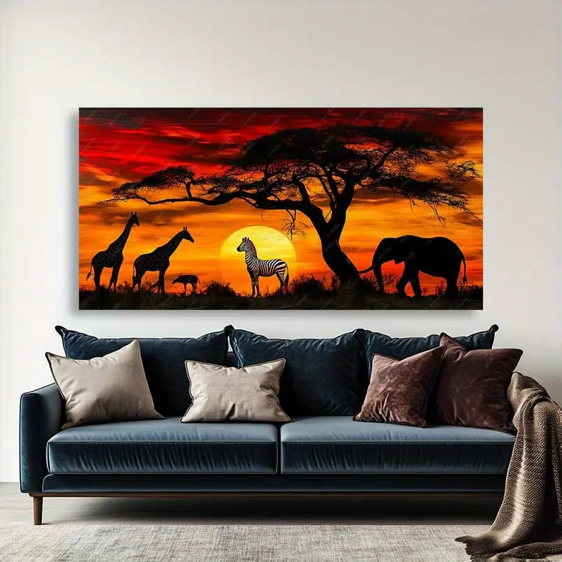 Large Modern Abstract Safari Sunset Framed Canvas Wall Art Print - African Wildlife Silhouette, Fade-Resistant Ink, Vibrant Orange-Red Tones, Stretched Wood Frame, Contemporary Home Decor for Living Room, Bedroom, African Safari, Multi-Size, Pine Wood, 16