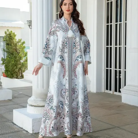 Women's V Neck Long Sleeve Long Dress, Womenswear All-Season Casual Wear Loose Fit A-Line Print Jalabiya, Soft 75D Stretch Fabric, Chic Elegant Arabic Clothing, Casual Elegant Dresses #GLOBAL PICKS