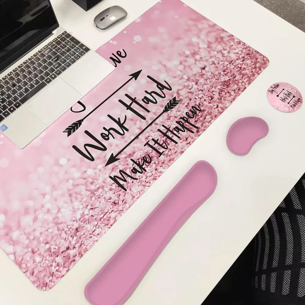 4-in-1 Pink Glitter Mouse Pad Set, Rubber Base Mousepad with Stitched Edges, Extended Desk Pad for Home Office Study Game, Best Friend Gift Ideas