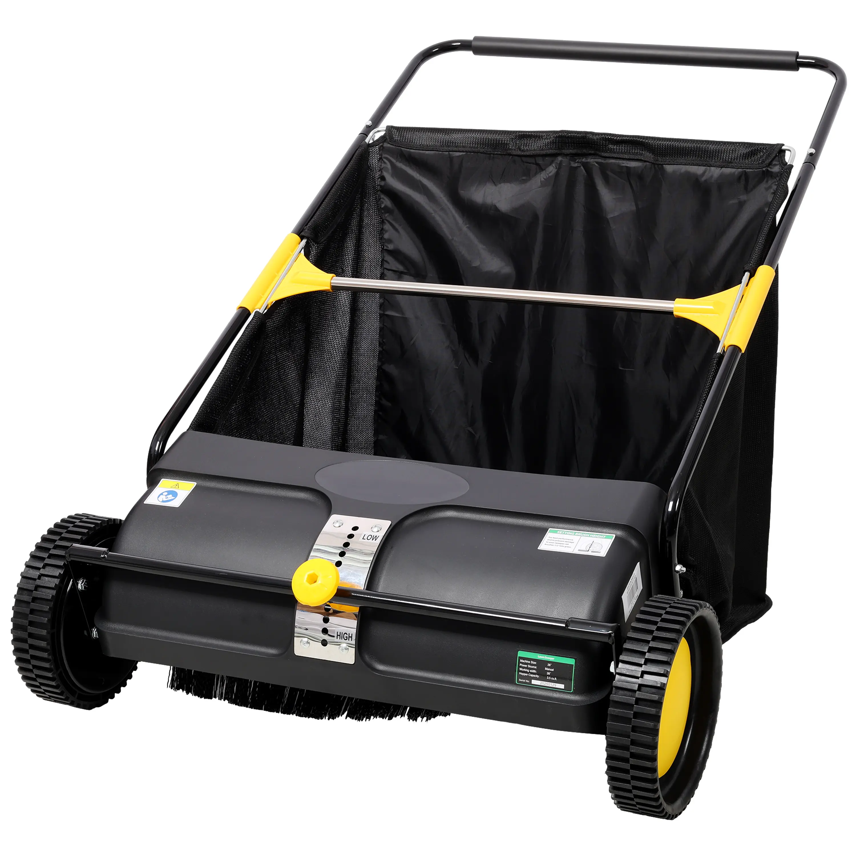 26-in Hand Push Lawn Sweeper, Portable Leaf & Grass Collector with 7 cu ft Hopper Bag & Adjustable Brush Height for Home, Sidewalk Use
