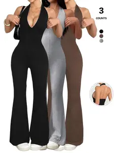 Women's Halter Neck Jumpsuit, Sleeveless Deep V Backless Design, Flare Leg Romper for Casual Wear