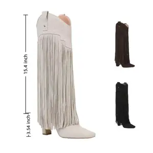 Women's Pointed Toe Block Heel Knee High Boots, Chunky Heel Cowboy Boho Western Gothic Grunge Y2K Retro V-Notch Tassel Boots, Wide Calf Available