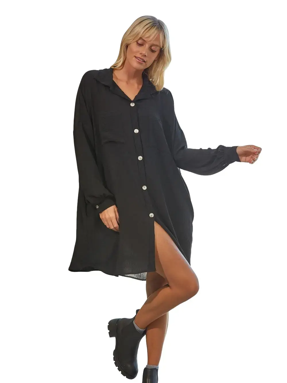 Transitional Elegance: Milano Slub Button Down Dress with Pockets