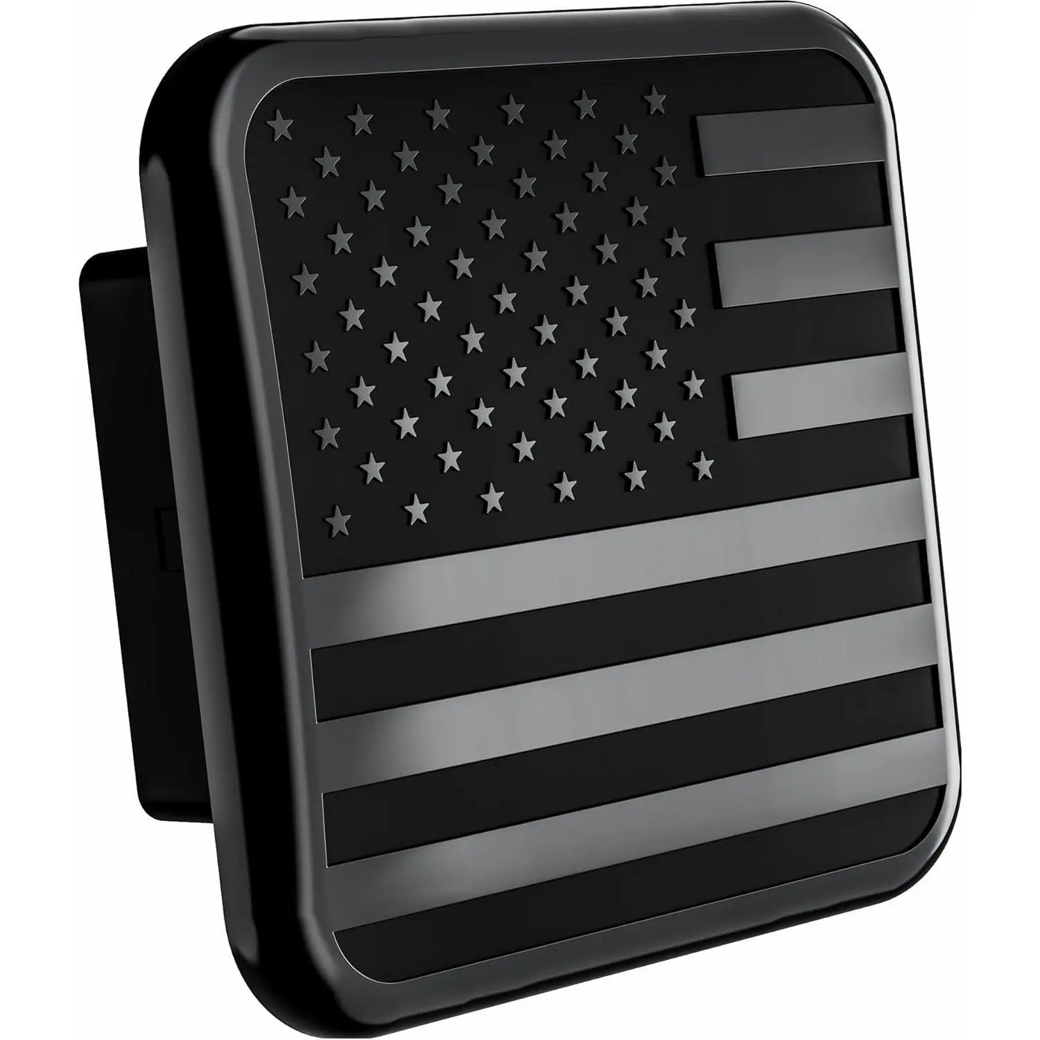 Black Metal Flag Trailer Hitch Cover - Patriotic Flag Plug (Black, Fits 2'' Receivers)