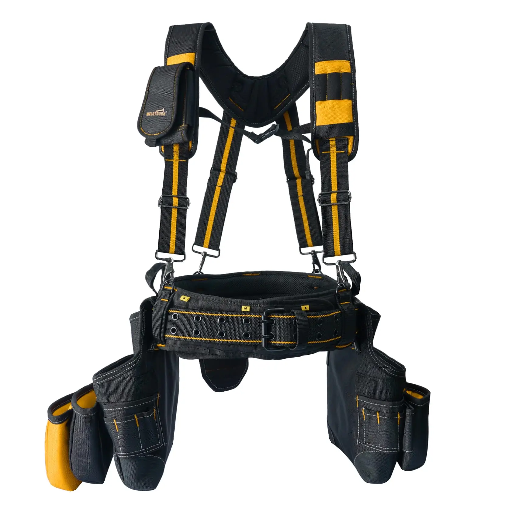 MELOTOUGH 28-Pocket Pro Framer's rig Combo Apron Tool Belt and Heavy Duty Padded Suspenders with Magnetic Desinger for TechnicianTools（Yellow) Heavy D