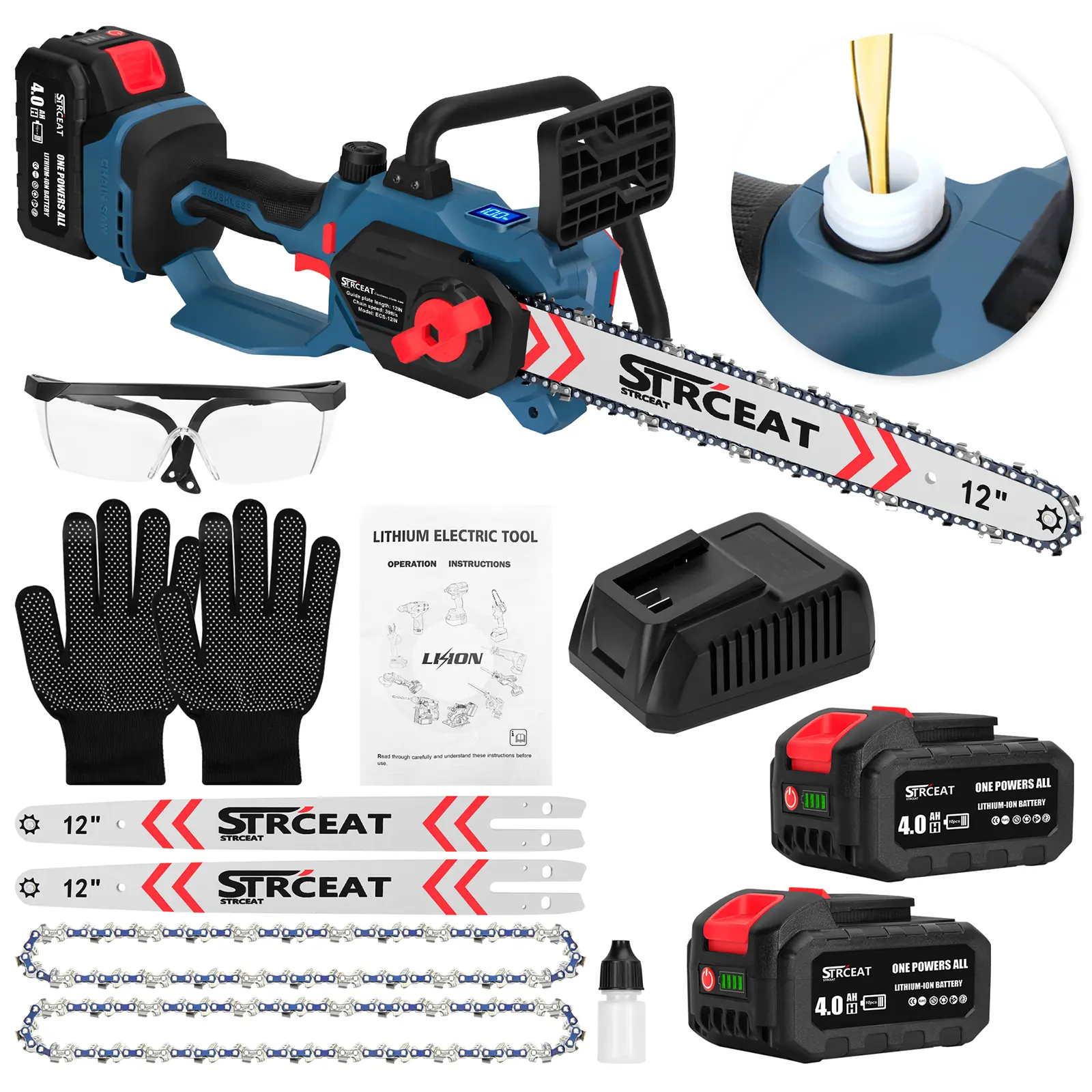 12" Brushless Cordless Chainsaw, Handheld Portable Chainsaws with 2 x 4.0Ah Batteries, 2 x Chain Guides, Electric Motosierra for Wood Cutting Tree Pruning (Blue)