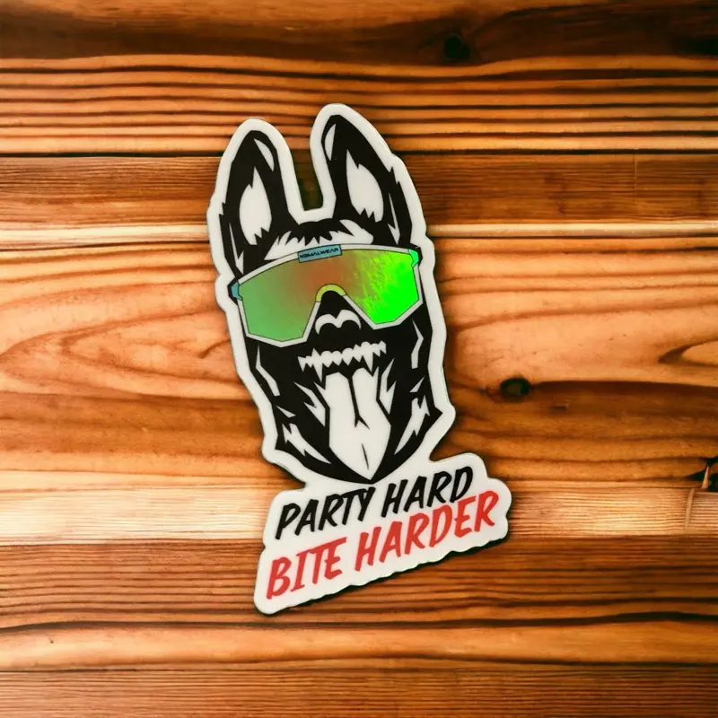 Malinois Bite Hard Stickers Water and UV Resistant Tough Durable Holographic Design Party Hard Bite Harder
