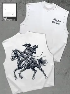 Men's Casual Western Gothic Print Vest, Skull Denim Print, Comfortable Skin-Friendly Material, Rivet Decoration, Trendy Fashion, Summer Daily Wear