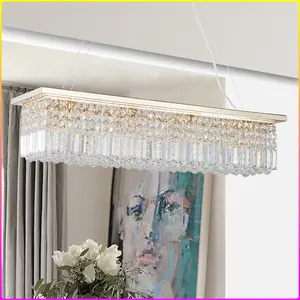 Modern Crystal Chandelier for Dining Room 8-Light Gold Rectangle Raindrop Chandelier Contemporary Rectangular Pendant Light Fixture for Kitchen Island Bar L39.4'' x W9.8'' x H8.7'(Bulb Not Included) (BULBS NOT INCLUDED)
