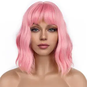 merisihair Short Wavy Pink Wig with Bangs, Short Bob Pink Wigs for Women, Wavy Bob Wig with Bangs Synthetic Natural Looking Heat Resistant Fiber Wigs Hair Replacement Wigs