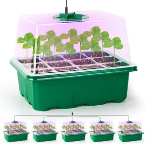 5 Packs Seed Starter Tray with Plant Light, Elevated Seedling Starter Trays Kits with Adjustable Humidity Domes and Clear Cell Tray, 12 Full Spectrum led lamp Beads