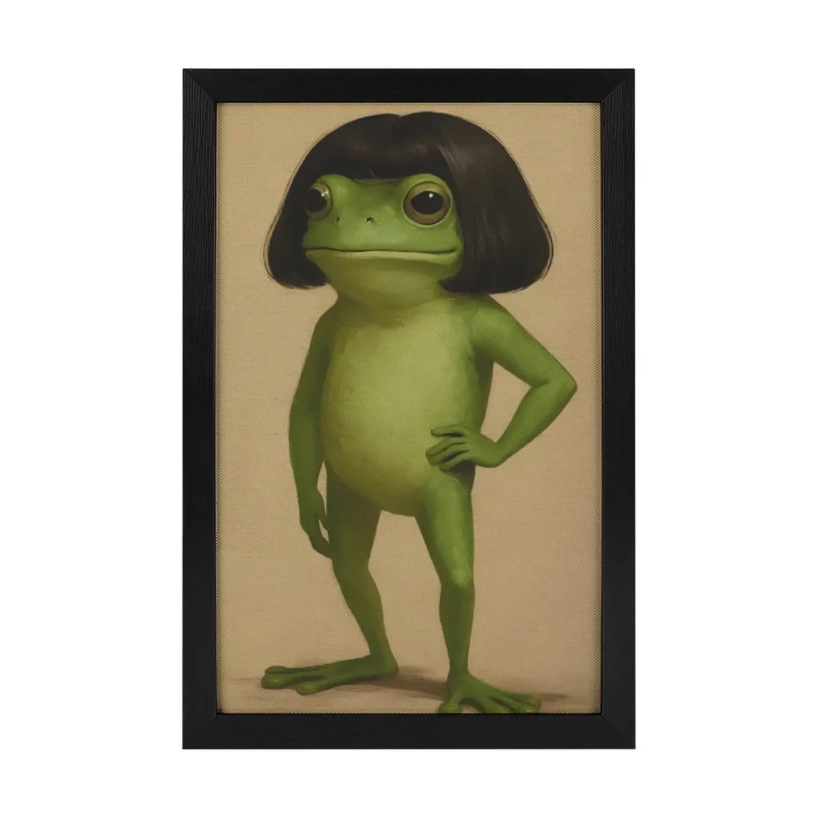 Funny Frog Black Wooden Framed  Art, Cute Green Frog Poster Print, Quirky Animal Picture, Bedroom Dorm Office Game Room  Decor, Funny Meme Style Home Decoration, Gift for Frog Lovers Friends, Ready to Hang Frame