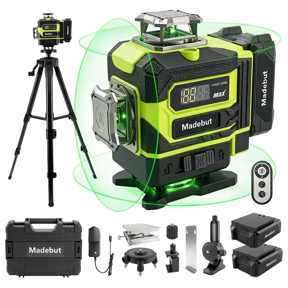 16-Line Green Laser Level with Tripod, Self-Leveling 4D 360° Laser Level Tool, Remote Control,  Batteries, Full Kit for Construction, Tile, Floor & Home Renovation