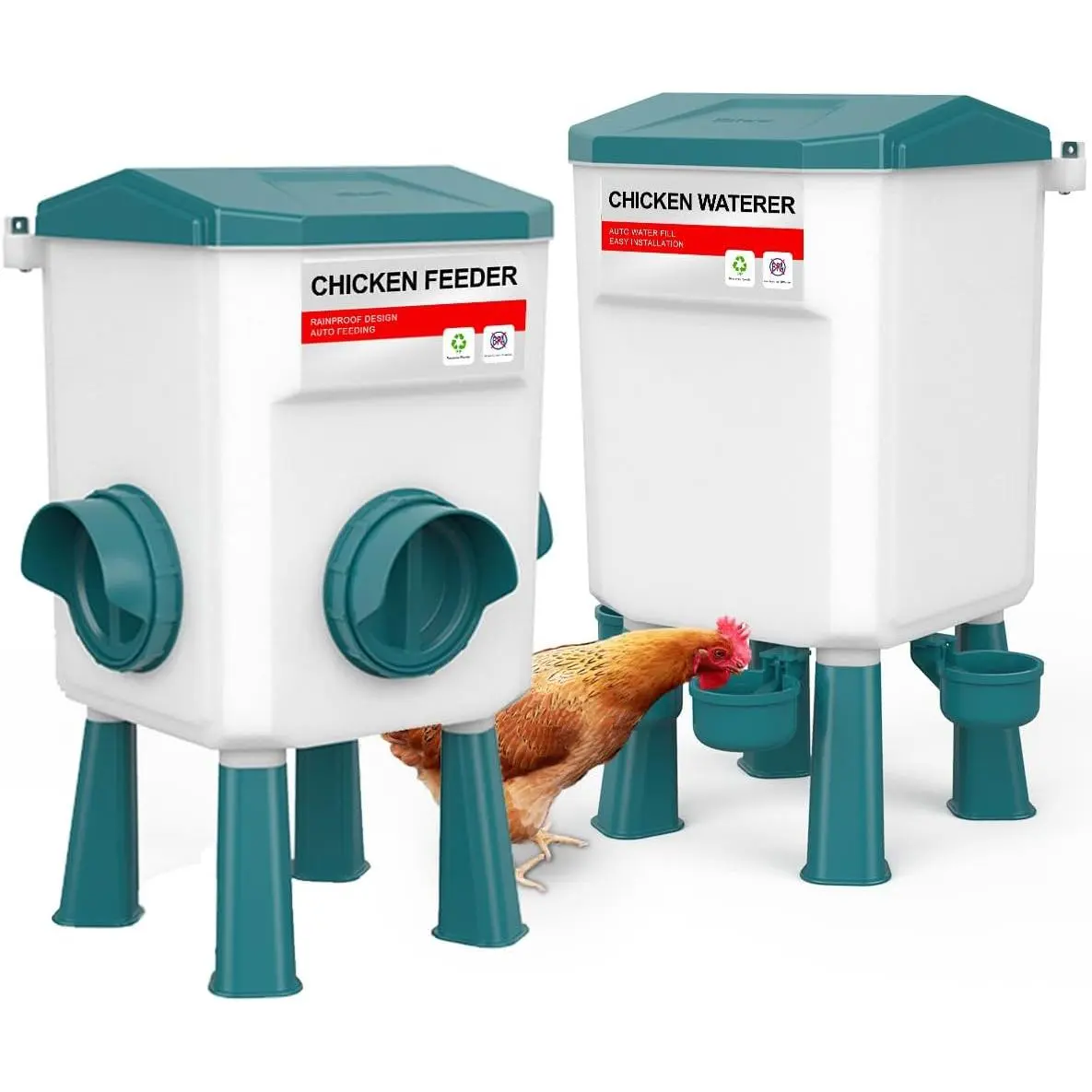 Chicken Feeder and Waterer Set, Chicken Coop Accessories with Hanging Chickens Poultry Feeder and Chicken Waterer Kit No Waste, 3 Gallon/26 Pounds, Blue