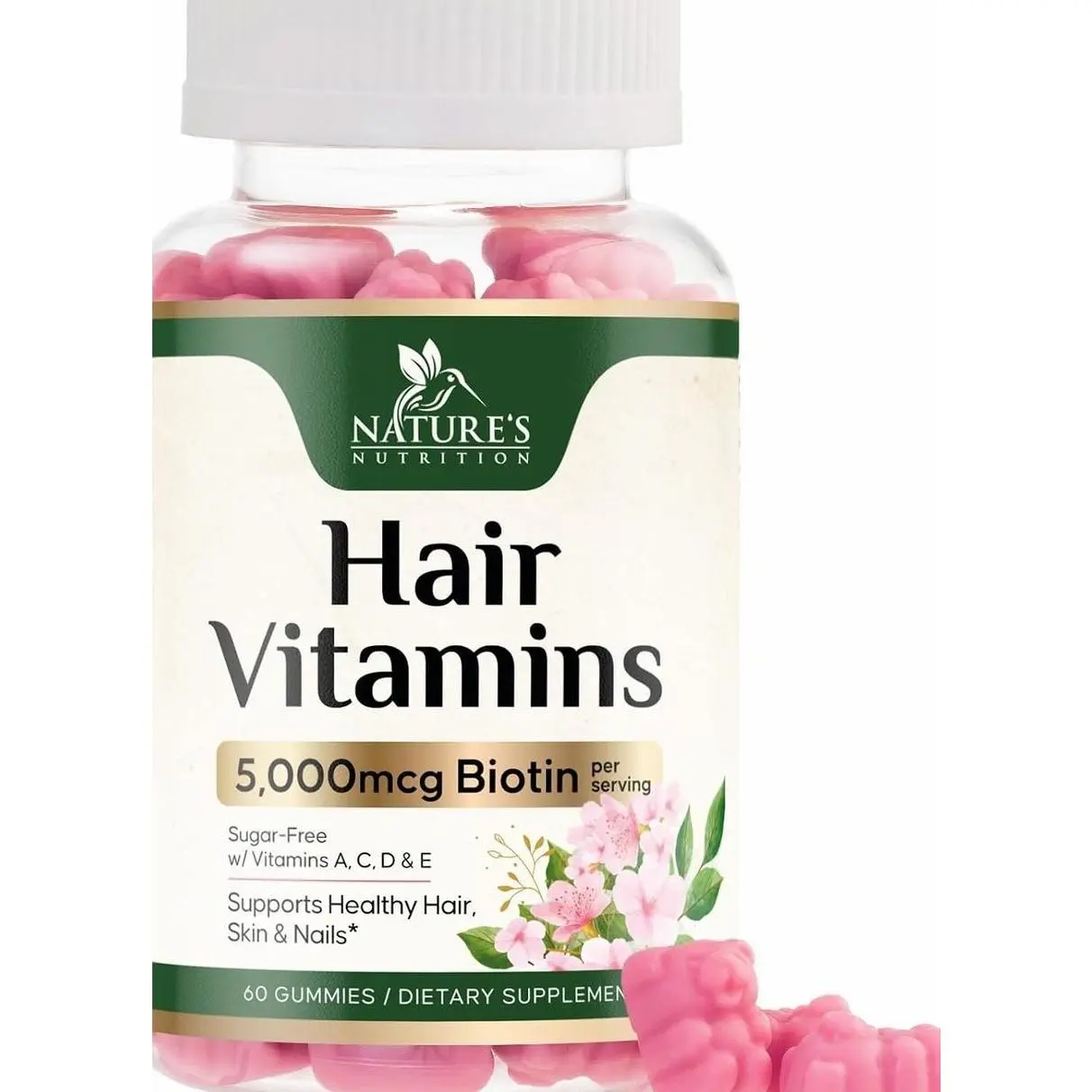 Hair Vitamins Gummies with Biotin 5000 mcg - Stronger, Radiant Hair, Skin & Nails Supplement - Vitamin E & C, Hair Growth Support Vitamin for Women & Men, Non-GMO & Gluten Free - 60 Gummies