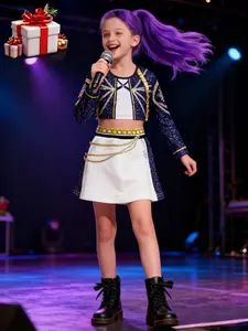 K-Pop Demon Hunters Rumi Star Role Play Carnival Costume, Essential for Shows, Short Sleeve Crop Top + Skirt Set for Kids, Festival