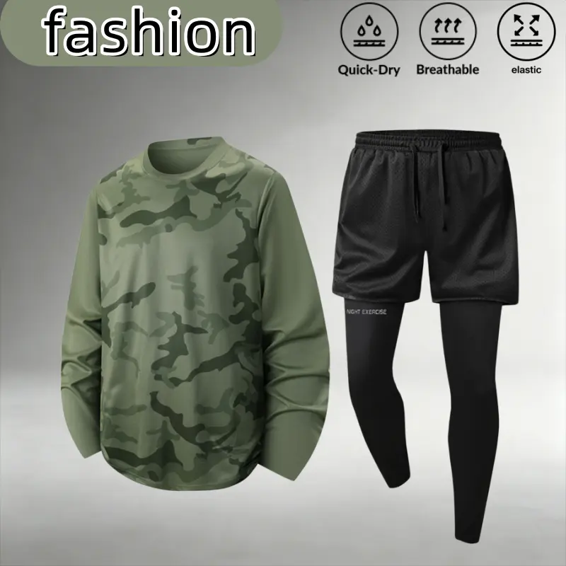 Men’s camouflage quick-dry long-sleeve faux two-piece athletic set featuring mesh double-layer shorts and tight leggings; high-stretch, breathable fabric—ideal for running, fitness, and outdoor training. sohochic