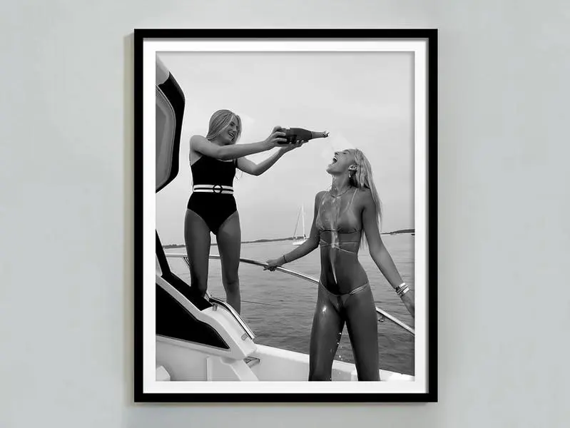 Woman Drinking Wine in Beach Print, Feminist Poster, Bar Cart Print, Black and White, Alcohol Wall Art, Bachelorette Party Decor, Bar Poster
