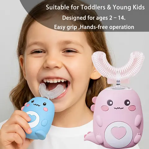 Kids Silicone U-Shaped Rechargeable Electric Toothbrush - 3 Cleaning Heads, 5 Modes, Whitening, Cleansing, Waterproof, Bite Resistant, Travel Size, Builds Good Habits, Personal Care Appliance for Ages 2-12