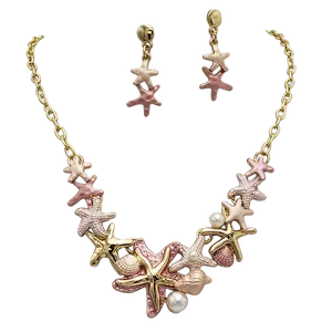 Stunning Enamel Starfish And Shells With Simulated Pearl Collar Necklace Earrings Gift Set, 16"+3" Extender (Coral Pink Gold Tone)