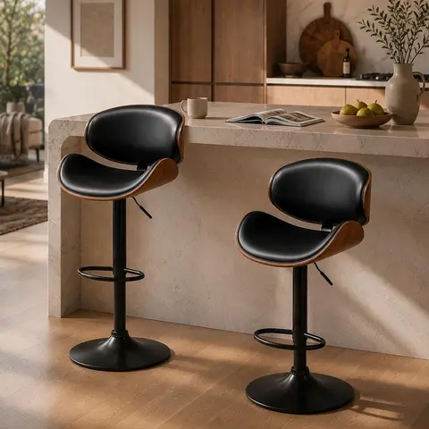 Aowos Bar Stools for Kitchen Counter, Adjustable Bentwood Barstools, Modern PU Leather Upholstered Bar Chair with Back and Footrest, Kitchen Chair, for Bar, Kitchen, Dining Room