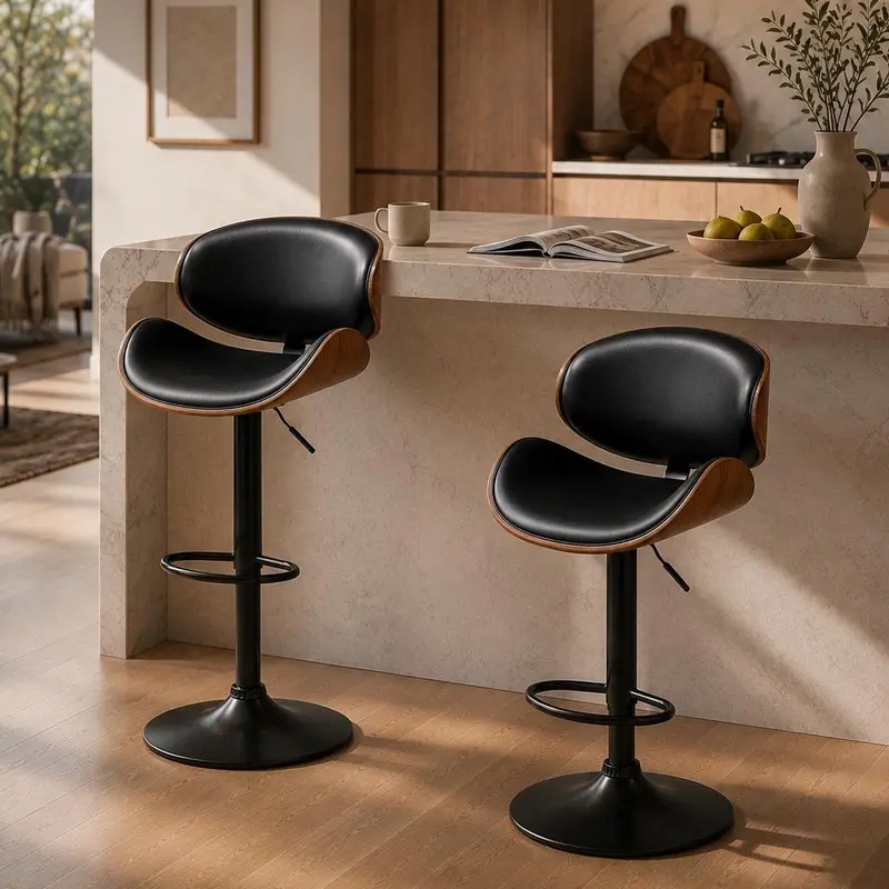 Aowos Bar Stools for Kitchen Counter, Adjustable Bentwood Barstools, Modern PU Leather Upholstered Bar Chair with Back and Footrest, Kitchen Chair, for Bar, Kitchen, Dining Room