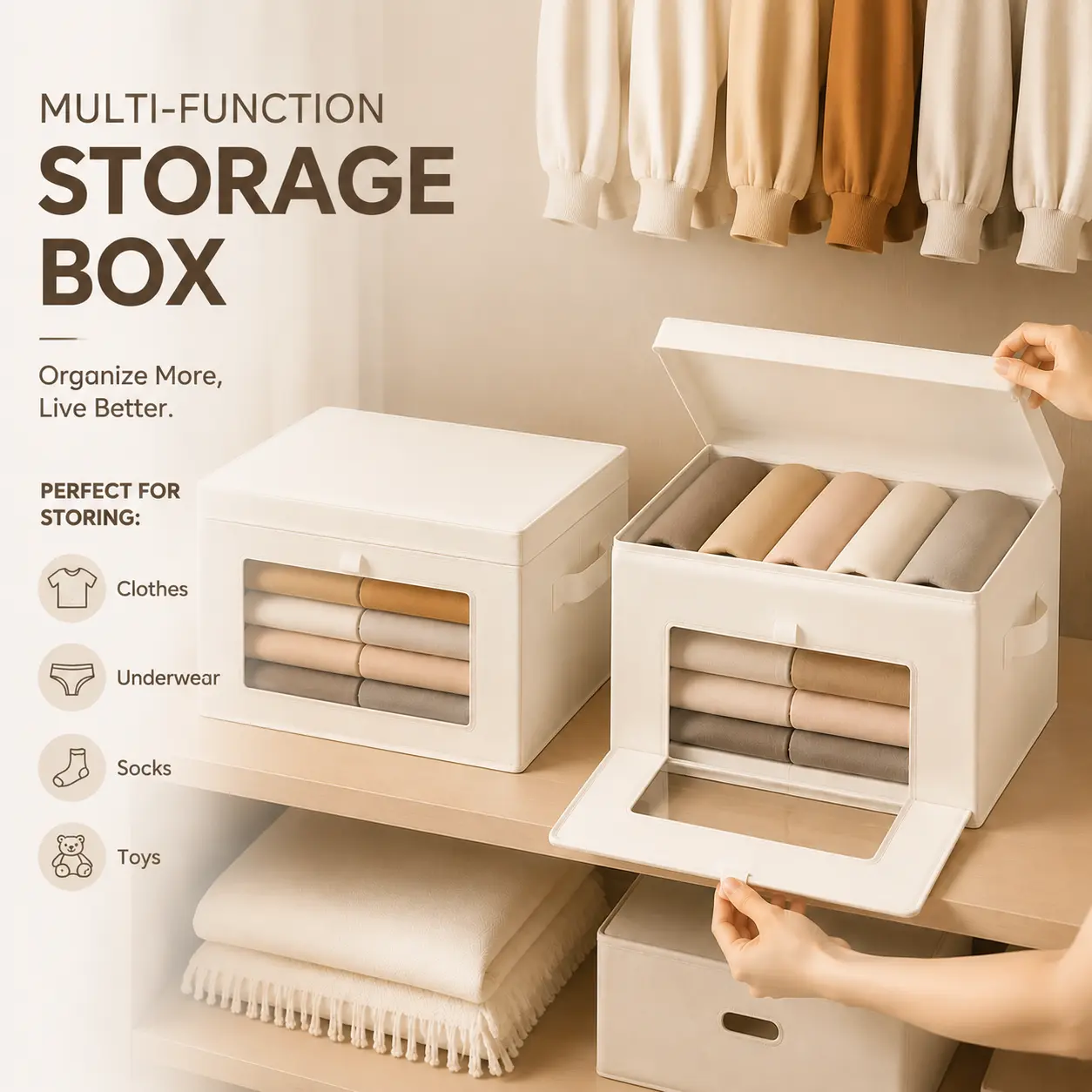 Large-Sized Foldable Storage Box with Lid + Handle - Back-to-School Essential, Multiple Closet Storage Bins for Small Apartment Organization, Storing Underwear, Clothing, Toys, Shoes, Cosmetics
