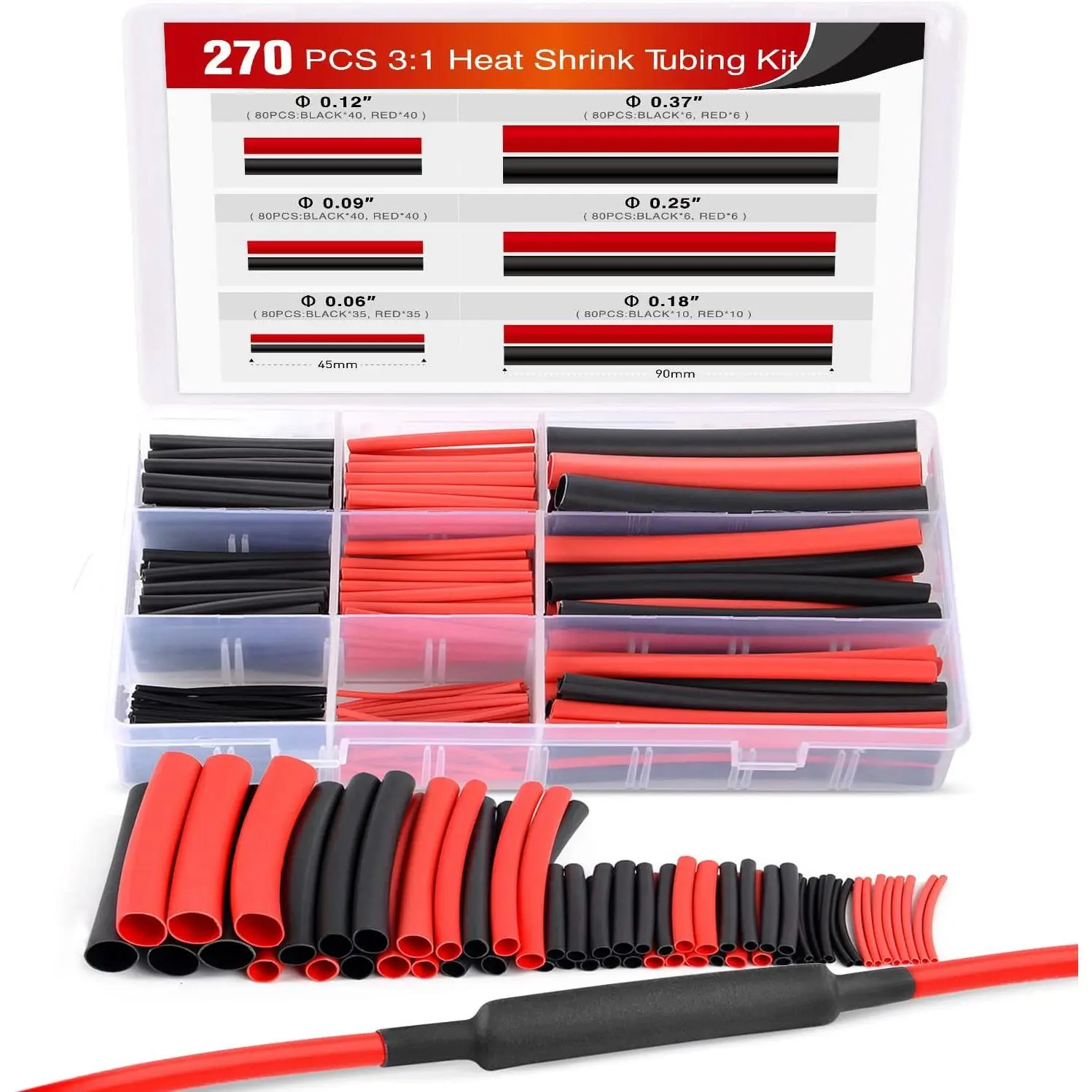 Nilight 270pcs 3:1 Dual Wall Adhesive Heat Shrink Tubing Assorted Pack - Flame-Proof, Heat-Resistant Wire Insulation Cable Sleeve Kit for Workshop, 6 Diameters (1/16in, 3/32in, 1/8in, 3/16in, 1/4in, missing size noted), Storage Box, 2-Year Warranty, 3:1 H