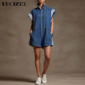 UOOZEE Women's Casual Spring Summer Striped Denim Romper, Button-Front Collared Overalls, Full-Zip Stand Collar Sleeveless Jumpsuit, Loose Fit Casual Denim Playsuit with Pockets, Sporty Summer Outfit, Plus Size Friendly