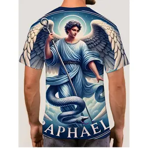 Men's 3D Graphic T-Shirt with Angel & Serpent Design - Vibrant Blue Casual Round Neck Tee, Machine Washable Regular Fit Novelty Top for Casual Attire, Statement Shirt, Artistic Tee, Soft Material, Printed Shirt, Urban Style, Streetwear Fashion