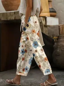 Fashion Floral Print Wide-Leg Pants with Adjustable Drawstring Waist, Curve Plus Size Loose Casual Bohemian Trousers Y2K Clothes Summer Vacation Outfits Trendy Street Style Daily Date Wear Cute Beach Wear