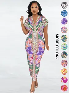 Women's All Over Print Deep V Neck Dress, Fashion Casual Boho Elegant Dress for Daily Outdoor Wear, Women Dress for Summer