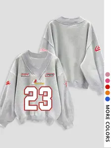 Women's Letter Print Loose-fit V Neck Pullover Sweatshirt, Fall Fashion Casual Cozy Sweatshirt, Comfortable Y2k Style Top, Womenswear